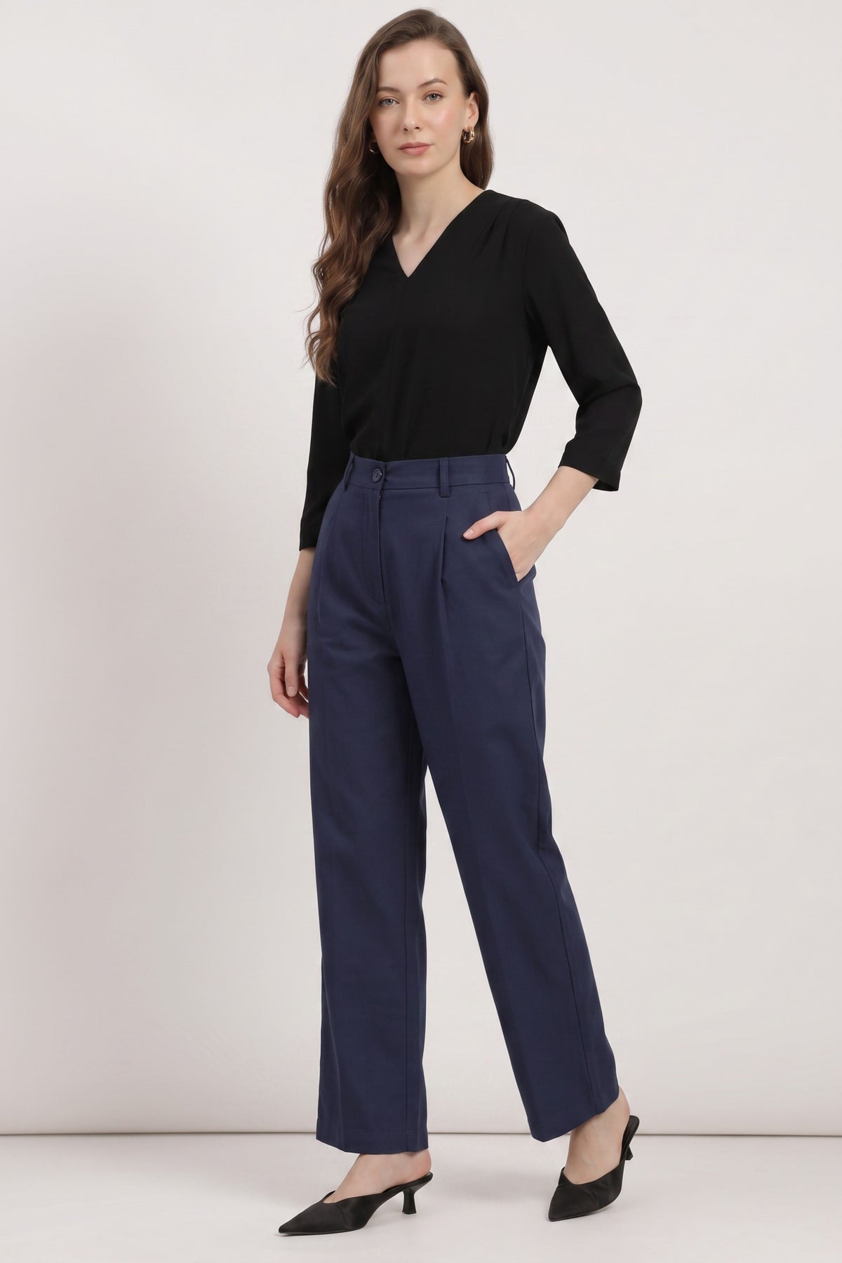 Women’s Navy Blue High-Rise Cotton Trousers
