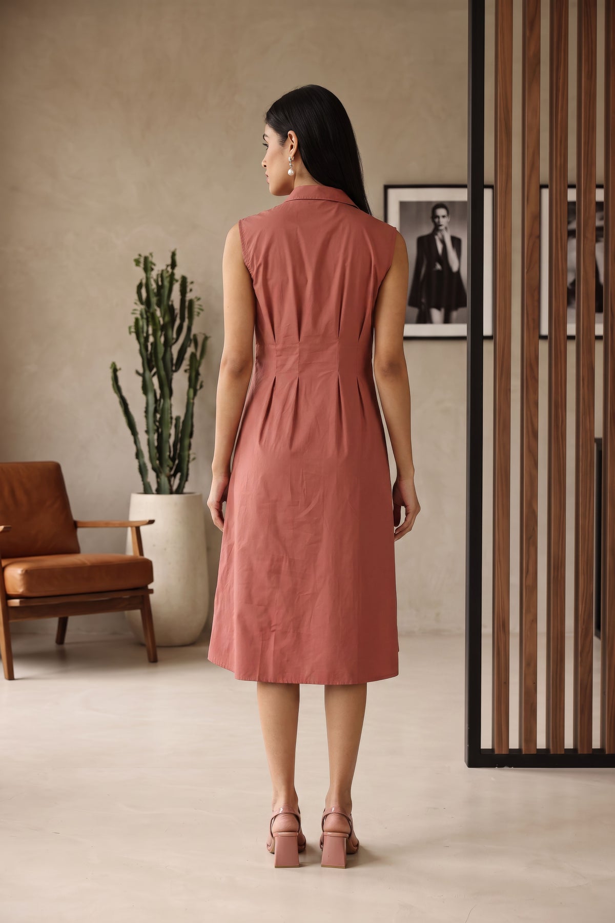 Women Rose Gold Sleeveless Cotton Midi Shirt Dress
