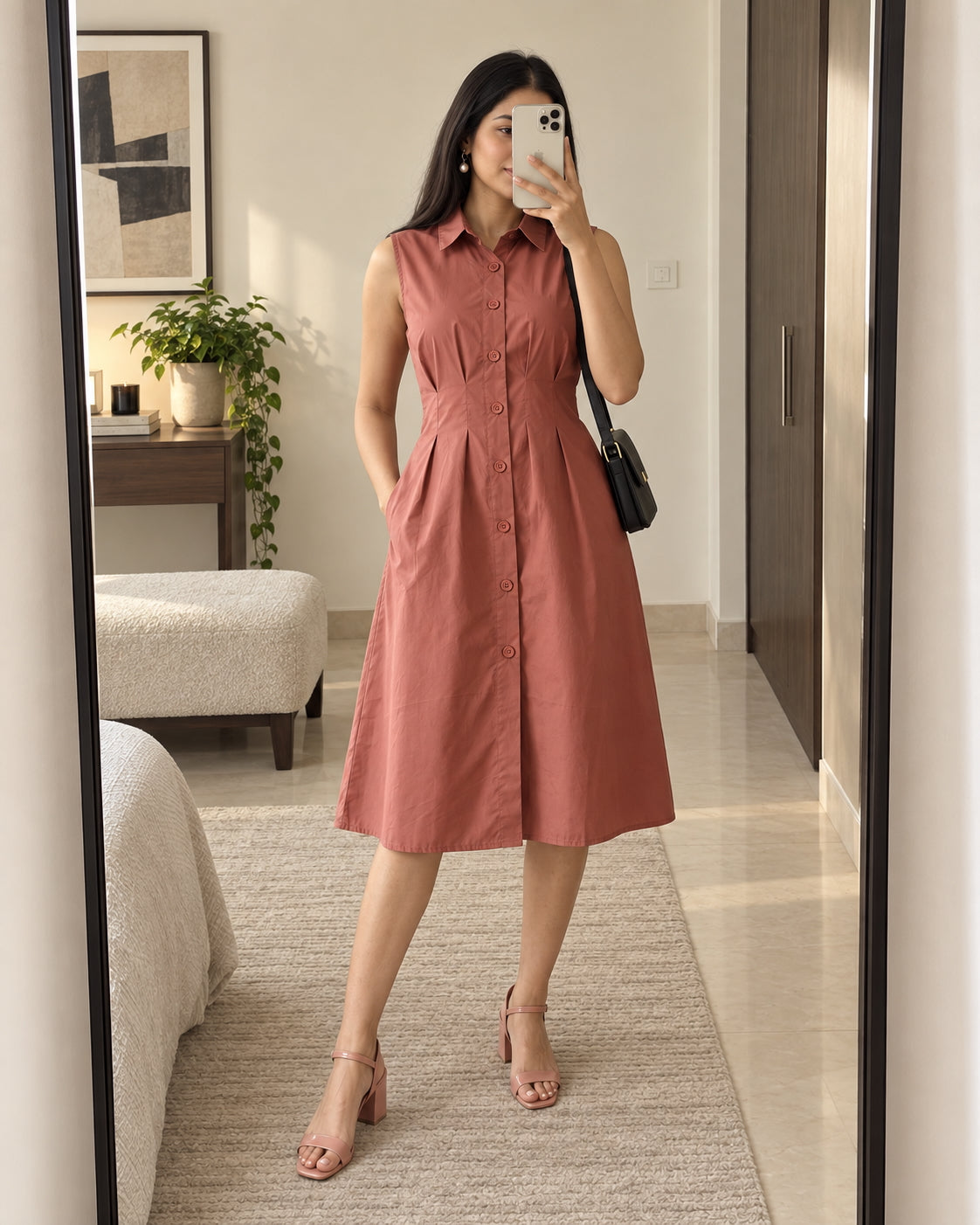 Women Rose Gold Sleeveless Cotton Midi Shirt Dress