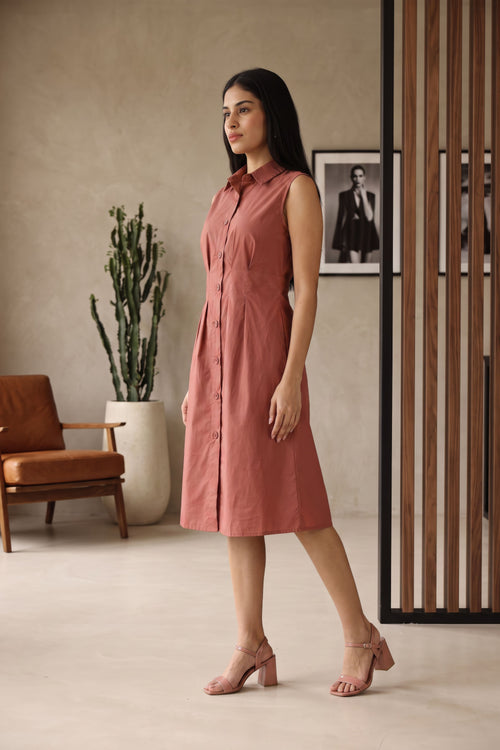 A woman models a sleeveless, button-front midi dress in a dusty rose pink color, standing in a modern indoor setting with a brown leather chair, a potted cactus, and a wooden slatted screen.