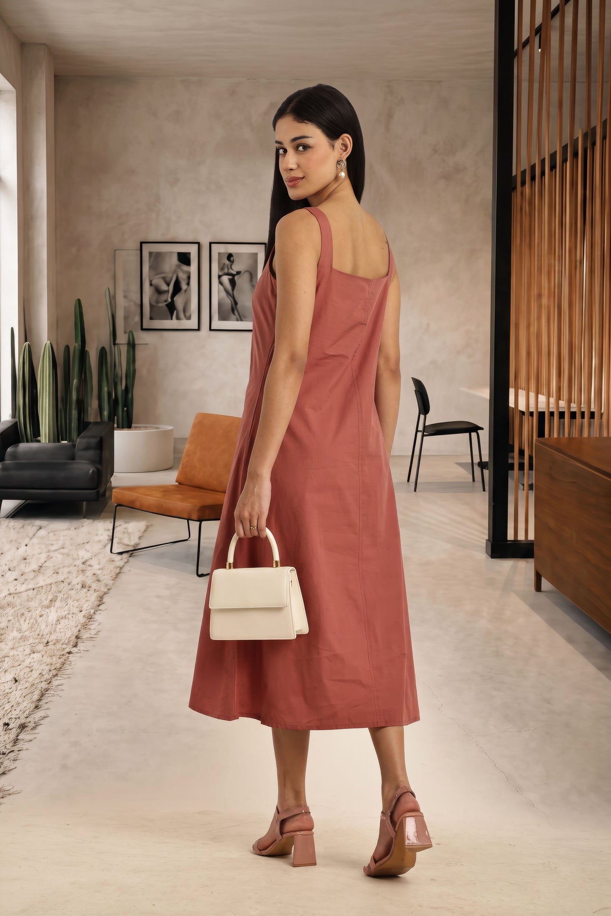 Women Rose Gold Square-Neck Midi Dress
