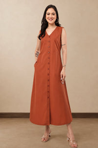 Women Rust Button-Down Cotton Maxi Dress