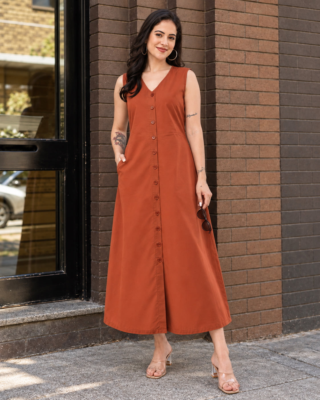 Women Rust Button-Down Cotton Maxi Dress