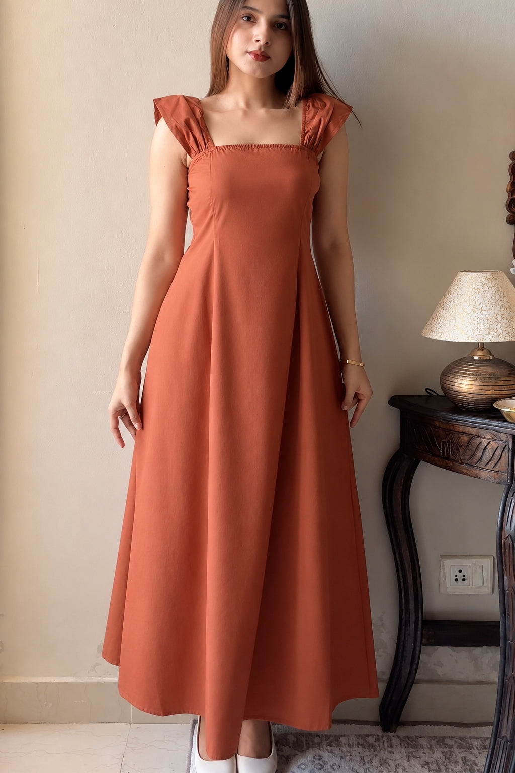 Women’s Rust Brown Cotton Poplin Square-Neck Maxi Dress