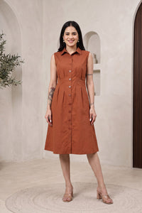 Women Rust Sleeveless Cotton Midi Shirt Dress