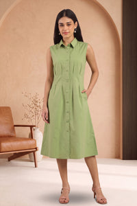 Women Sage Green Sleeveless Cotton Midi Shirt Dress