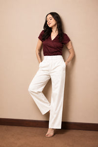 Women’s Wine Wrap Top & Ivory Wide-Leg Trouser Co-ord Set