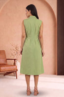 Women Sage Green Sleeveless Cotton Midi Shirt Dress