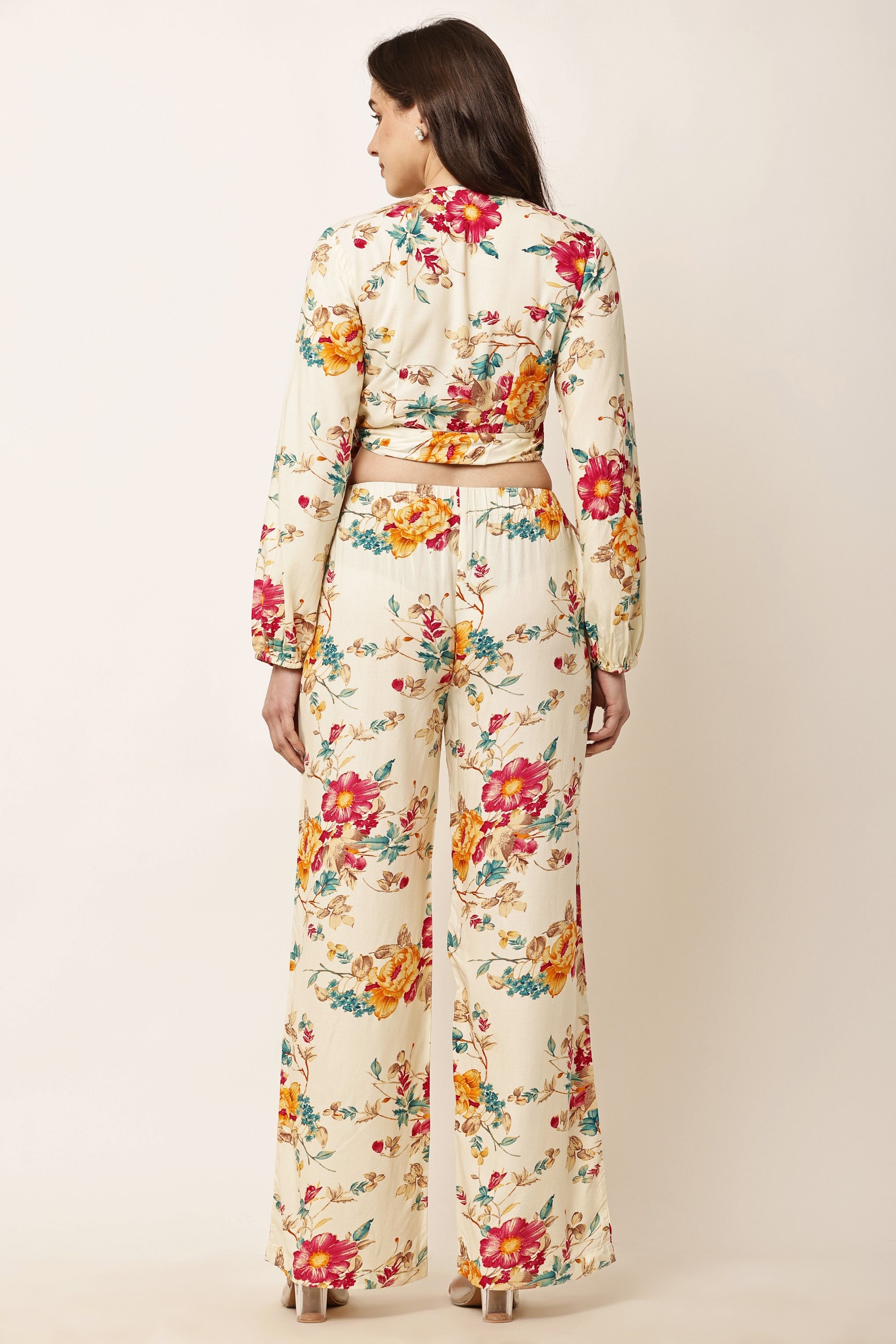 co-ord set with V-neck wrap top and high-waist wide-leg trousers Back VIEW