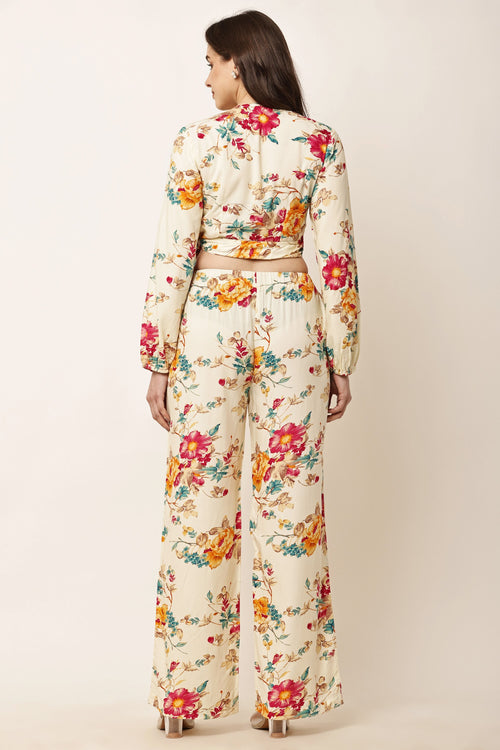 co-ord set with V-neck wrap top and high-waist wide-leg trousers Back VIEW