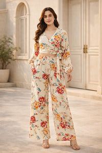 Floral Viscose Co-Ord Set | Wrap Top & Wide-Leg Trousers