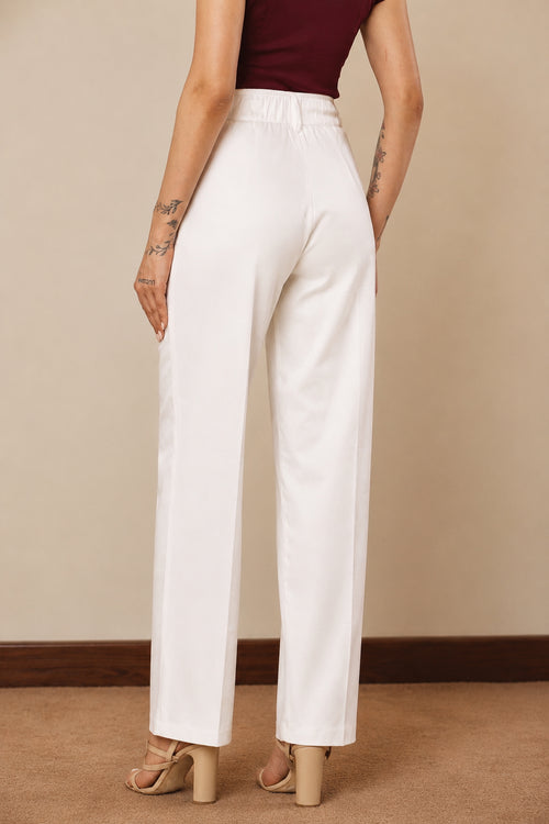 Ameera ivory white high-rise parallel cotton satin trousers for women styled with a burgundy top