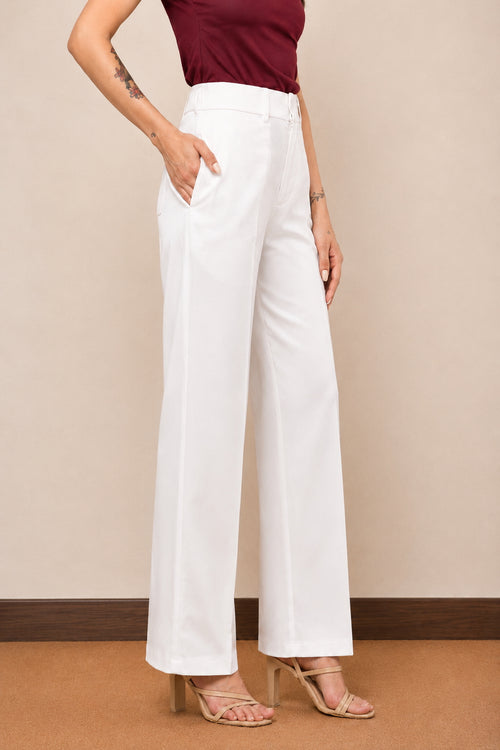 Ameera ivory white high-rise parallel cotton satin trousers for women styled with a burgundy top