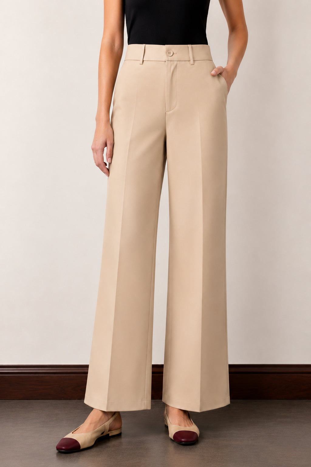 Ameera light beige high-rise parallel cotton satin trousers for women with side pockets and matte finish