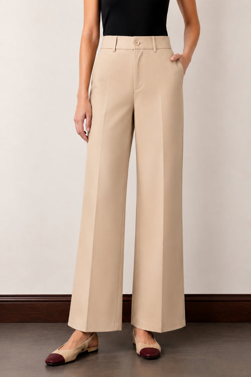 Ameera light beige high-rise parallel cotton satin trousers for women with side pockets and matte finish