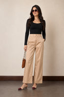 Ameera light beige high-rise parallel cotton satin trousers for women with side pockets and matte finish