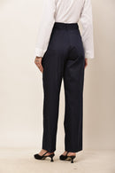 Women’s navy blue high-rise cotton satin parallel trousers front view