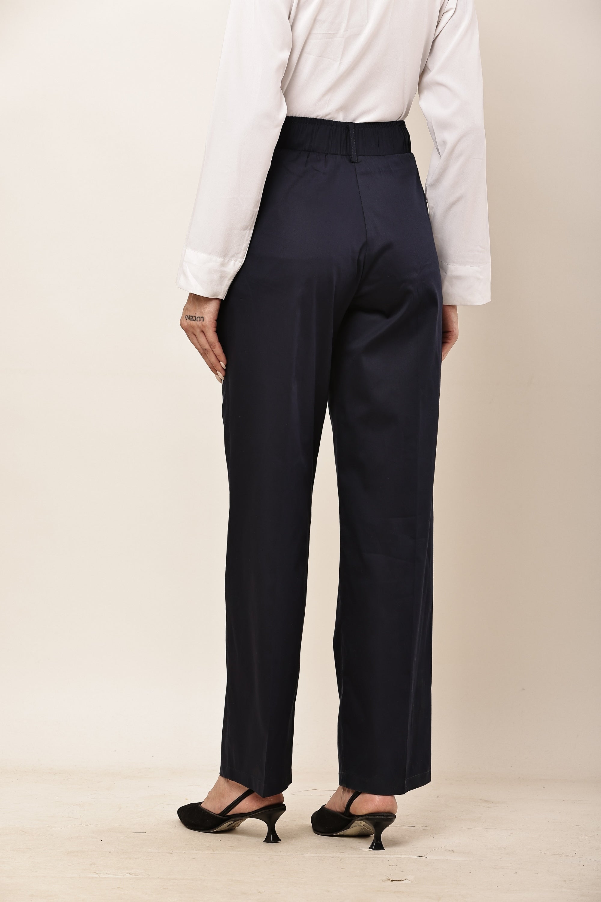 Women’s navy blue high-rise cotton satin parallel trousers front view