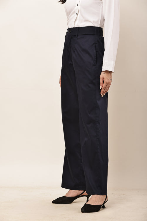 Ameera navy blue high-rise parallel cotton satin trousers for women styled with a white shirt