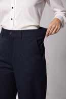 Ameera navy blue high-rise parallel cotton satin trousers for women styled with a white shirt