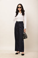 Ameera navy blue high-rise parallel cotton satin trousers for women styled with a white shirt