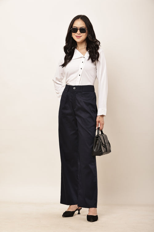 Ameera navy blue high-rise parallel cotton satin trousers for women styled with a white shirt