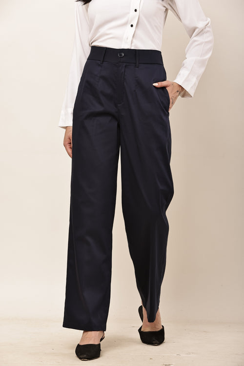Ameera navy blue high-rise parallel cotton satin trousers for women styled with a white shirt