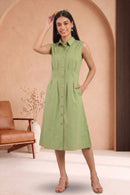 Women Sage Green Sleeveless Cotton Midi Shirt Dress