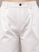 Women’s white pleated high-waist wide-leg cotton twill trousers detailed view