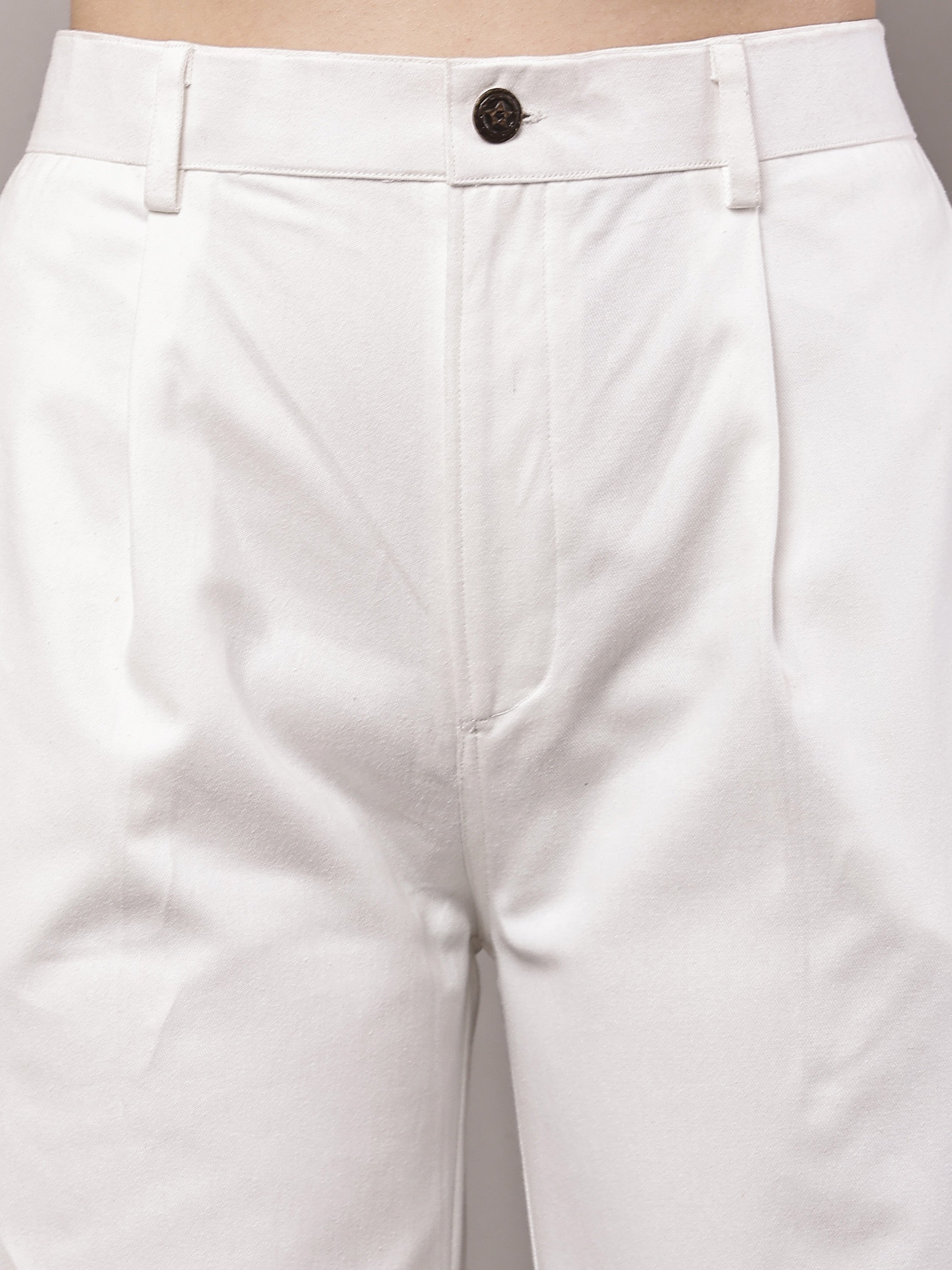 Women’s white pleated high-waist wide-leg cotton twill trousers detailed view