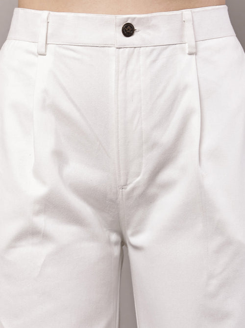 Women’s white pleated high-waist wide-leg cotton twill trousers detailed view