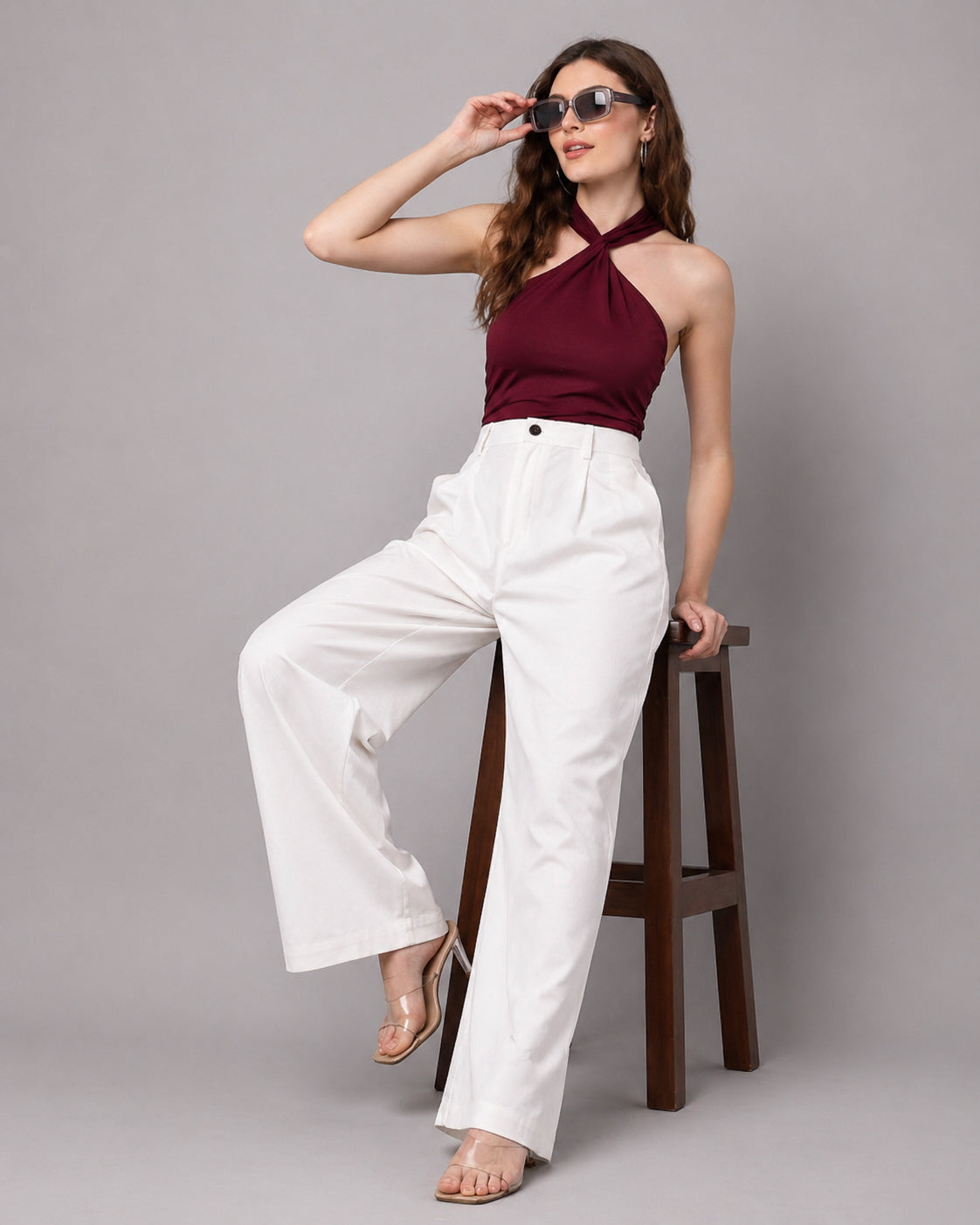 Pleated High-Waist Wide-Leg Cotton Twill Trousers – White