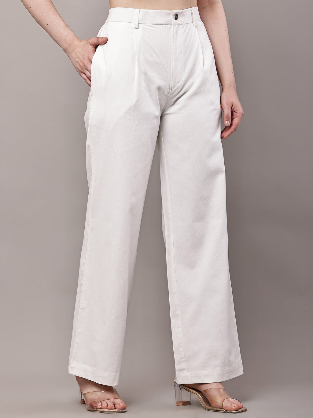 Pleated High-Waist Wide-Leg Cotton Twill Trousers – White