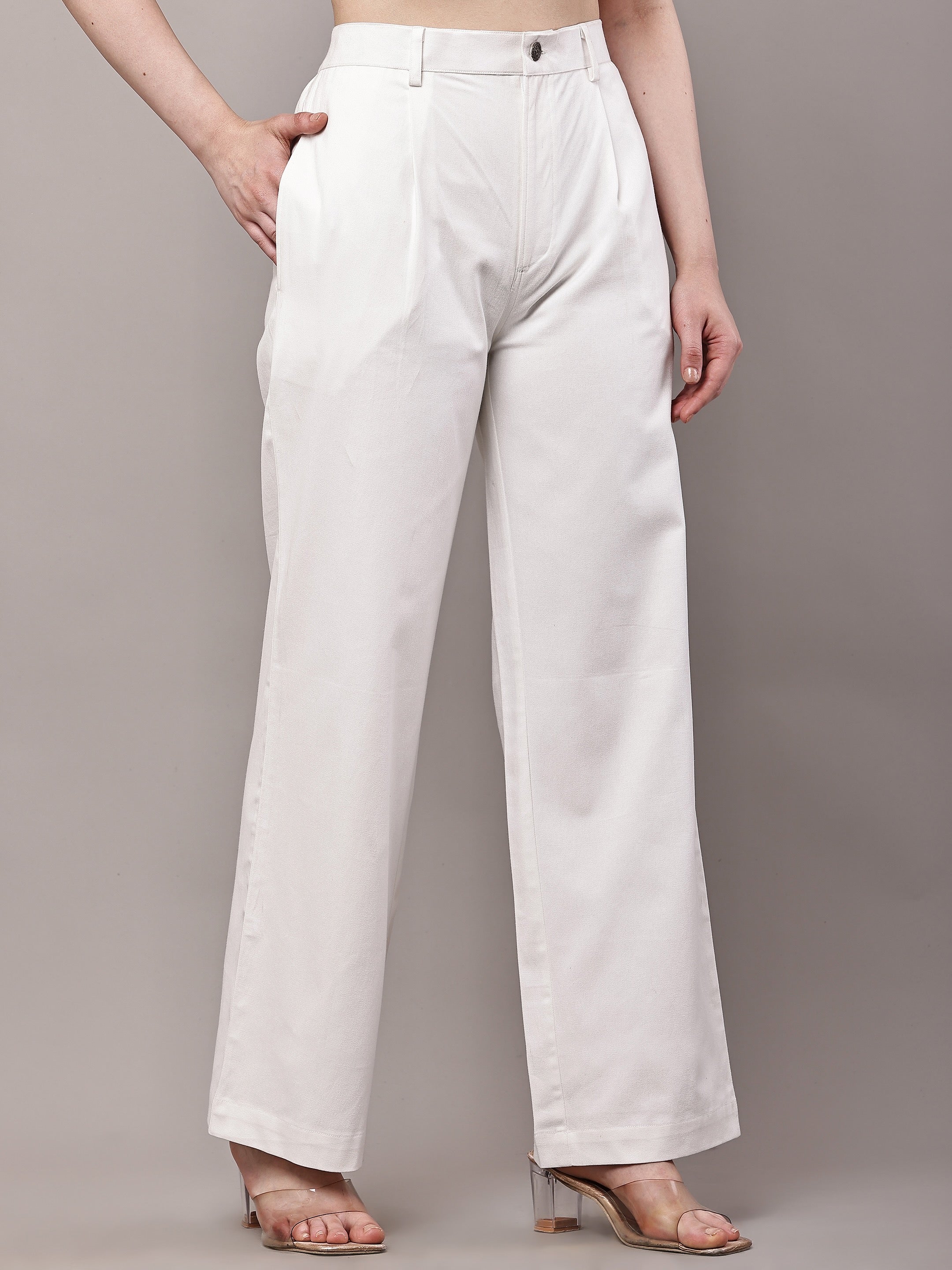 Women’s white pleated high-waist wide-leg cotton twill trousers side view