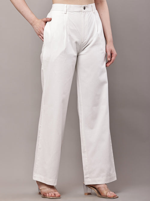 Women’s white pleated high-waist wide-leg cotton twill trousers side view