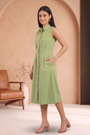 Women Sage Green Sleeveless Cotton Midi Shirt Dress